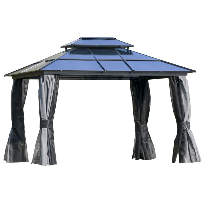 Polycarbonate Hardtop Gazebo Canopy 3.6x3m - Double-Tier Roof, Aluminium Frame, Garden Pavilion - Includes Mosquito Netting and Curtains for Outdoor Comfort