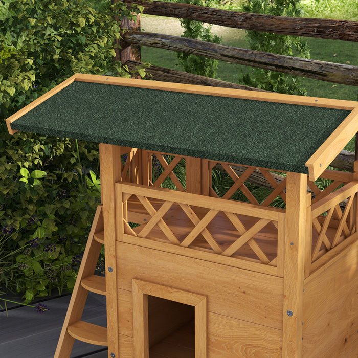 Outdoor Cat Shelter with Elevated Balcony and Stairs - Weatherproof Wooden Design, 77x50x73 cm - Perfect Hideaway for Cats in Gardens or Backyards