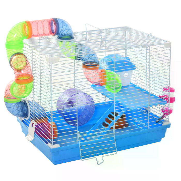 Blue 2-Tier Hamster Cage with Accessories - Small Animal Habitat with Exercise Wheels, Tunnel Tube, and Ladder - Ideal for Dwarf Mice and Hamster Comfort