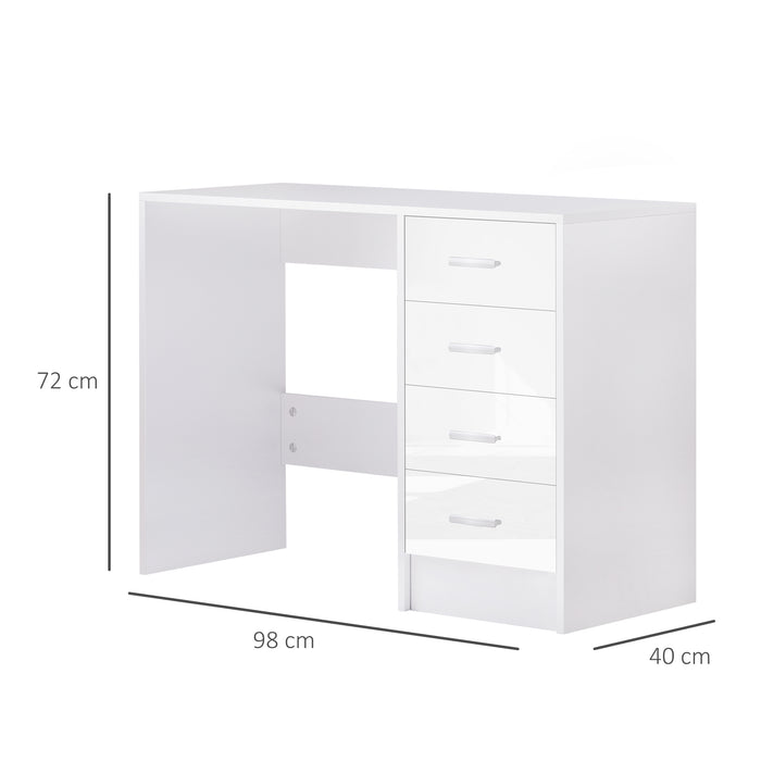 Modern 4-Drawer High Gloss Computer Desk - Sturdy Home Office Workstation in White - Ideal for Writers and Professionals