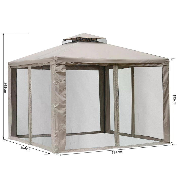 Outdoor Garden Gazebo with Mosquito Netting - 2-Tier Vented Roof Canopy, Spacious 295x295cm, Taupe - Ideal for Patio Shelter and Entertaining