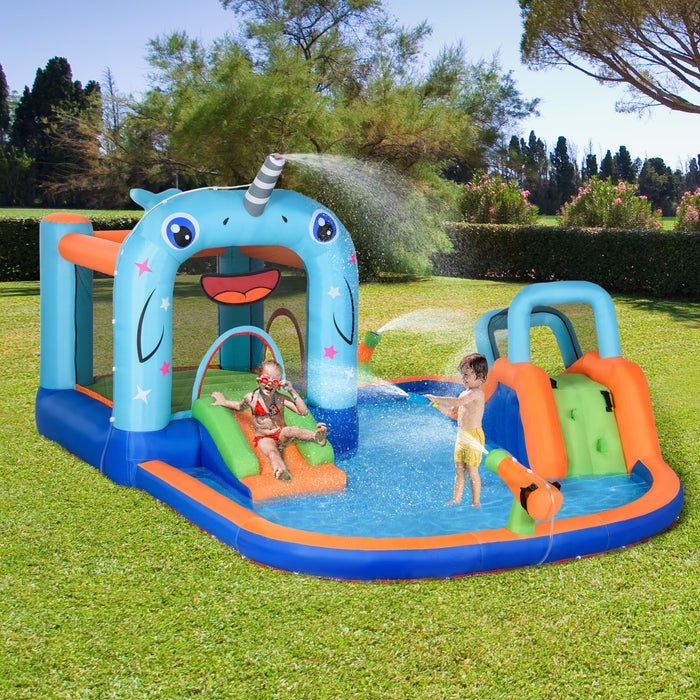 5-in-1 Narwhal-Themed Inflatable Bounce Castle - Slide, Trampoline, Pool, Climbing Wall & Water Gun Fun - Complete with Air Pump & Carry Bag for Easy Storage