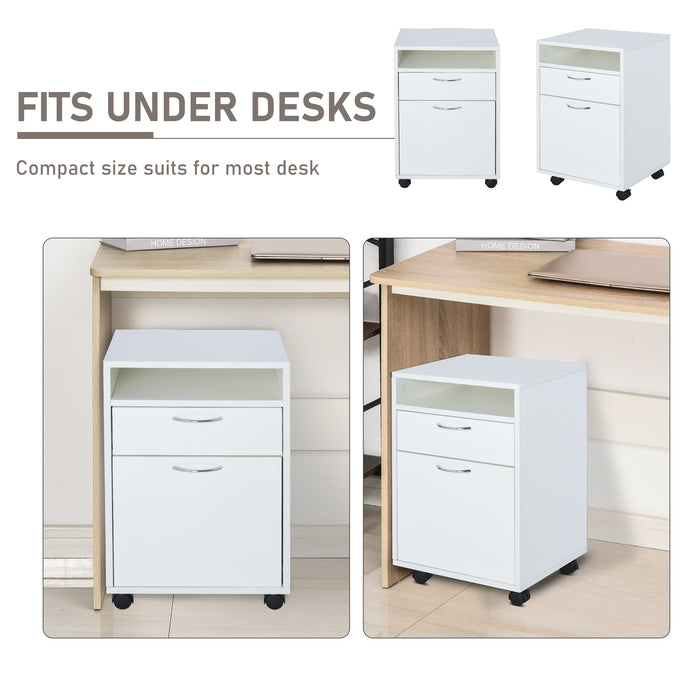 Mobile Office Storage Cabinet with Drawer - 60cm White Unit with Open Shelf & Metal Handles - Home Organiser on 4 Wheels for Office Supplies & Printer