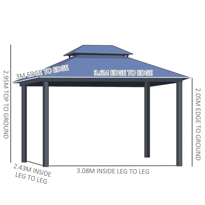 Polycarbonate Hardtop Gazebo Canopy 3.6x3m - Double-Tier Roof, Aluminium Frame, Garden Pavilion - Includes Mosquito Netting and Curtains for Outdoor Comfort