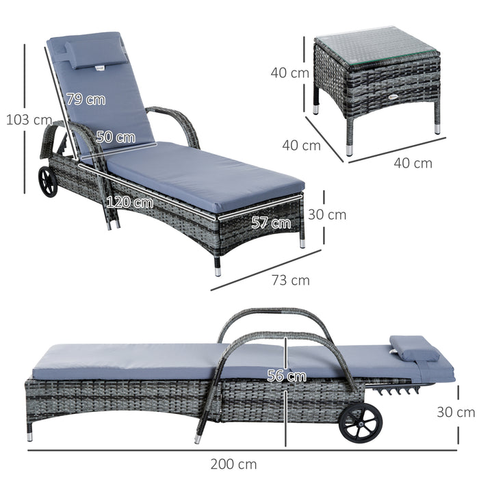 3-Piece Rattan Sun Lounger Set - Adjustable Wicker Reclining Chairs with Cushions and Wheeled Design - Ideal for Garden Relaxation and Patio Comfort