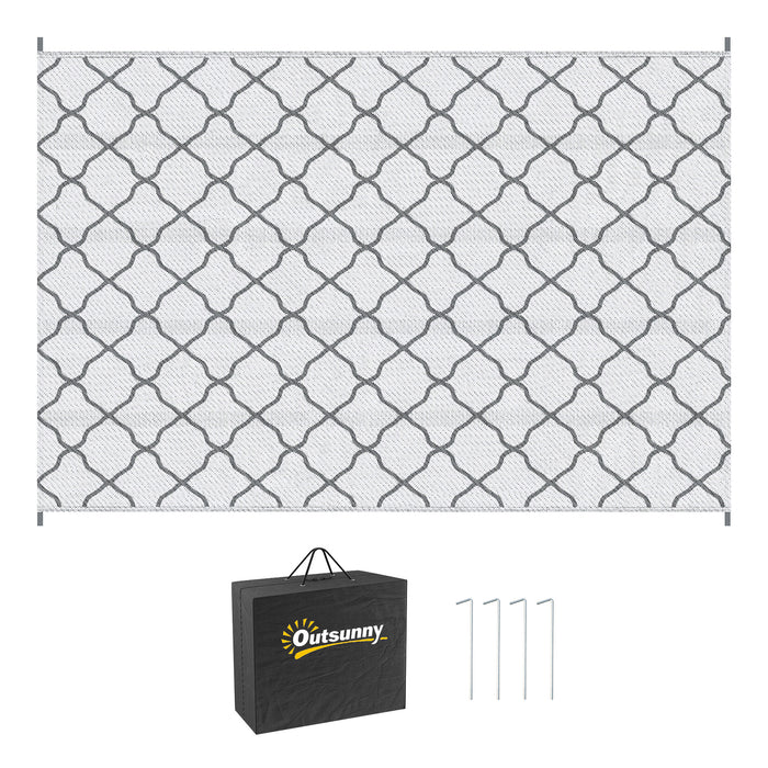 Reversible Outdoor Rug with Accessories - Waterproof Plastic Straw Mat, Carry Bag & Ground Stakes for Backyard, Deck, RV, Picnic, Camping - Ideal for Outdoor Activities & Travel in Grey & White