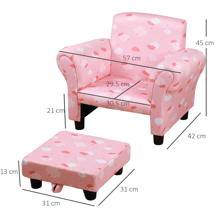 Kids' Mini Sofa Armchair with Footrest - Sturdy Wood Frame and Anti-Slip Legs, High Back, Pink Cloud and Star Design - Perfect for Bedroom or Playroom Furniture