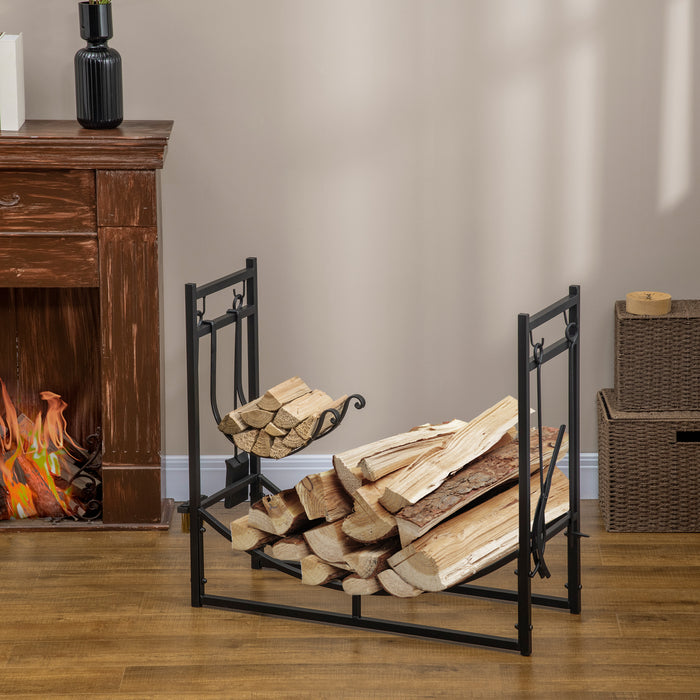 84cm Metal Firewood Stand and Log Rack with Fireplace Tools - Sturdy Construction for Indoor/Outdoor Use, Includes Shovel, Poker, Tongs, and Brush - Essential Accessory for Home Heating & Firekeeping