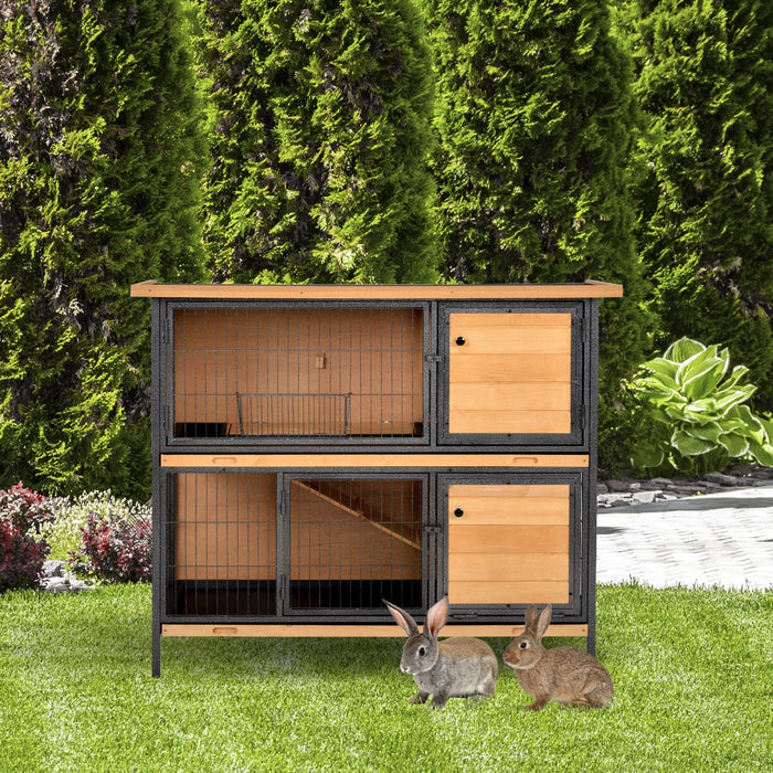 2-Floor Wooden Guinea Pig Hutch with Metal Frame - Bunny Cage with Slide-Out Tray, Feeding Trough, Ramp & Lockable Door - Easy Access Openable Roof for Small Pet Comfort & Security