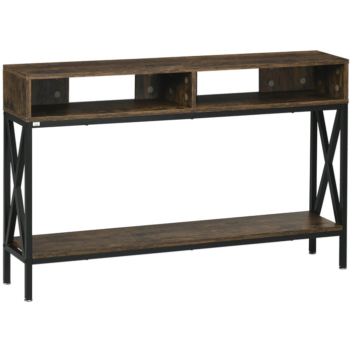 Rustic Brown Console Table with Metal Frame - Versatile Entryway Table with 3 Storage Compartments - Ideal for Living Room and Hallway Organization