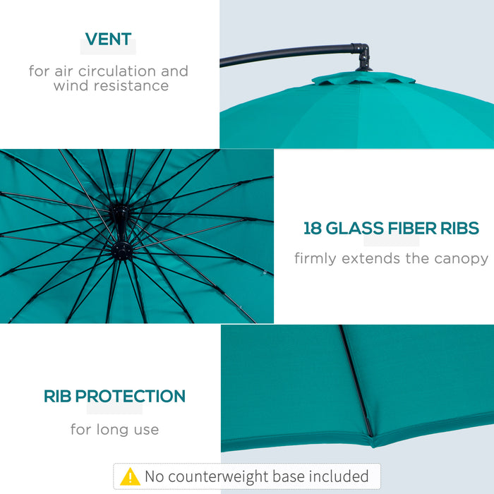 Cantilever Shanghai Parasol - 3m Outdoor Hanging Banana Sun Umbrella with Easy Crank Handle, 18-Sturdy Ribs, Cross Base - Ideal for Garden Shade & Sun Protection, Turquoise