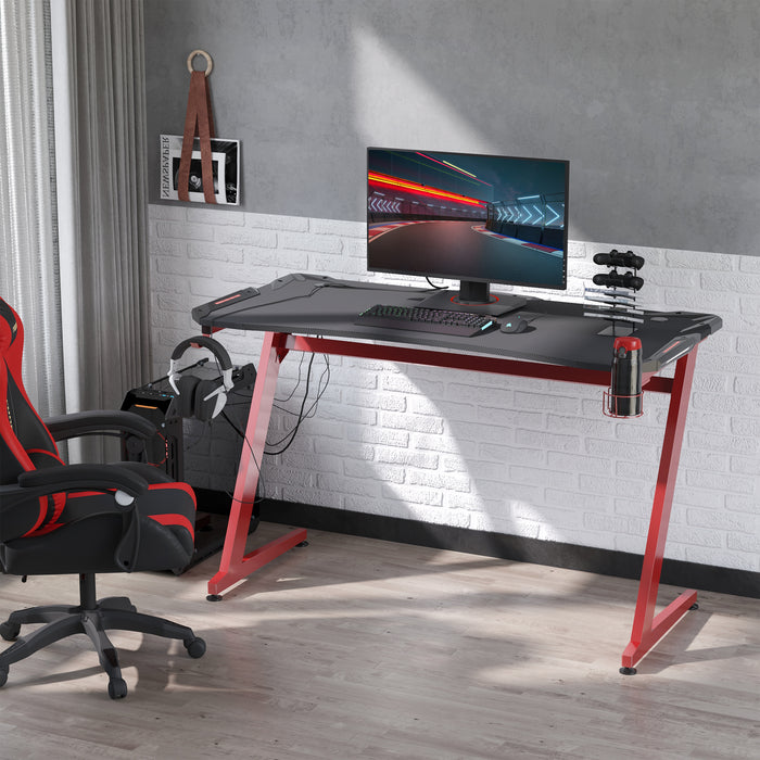 Ergonomic Gaming Desk with Accessories - Home Office Racer-Style Workstation with Headphone Hook and Cup Holder, 142x66x96cm - Ideal for Gamers and Remote Workers, Black and Red