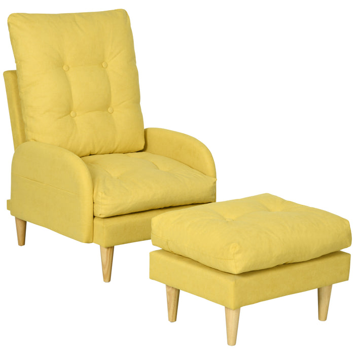 Modern Button-Tufted Upholstered Armchair and Footstool Combo - Adjustable Backrest, Side Pockets, Wood Legs, with Plush Cushions - Perfect for Relaxation and Contemporary Home Decor, Sunny Yellow