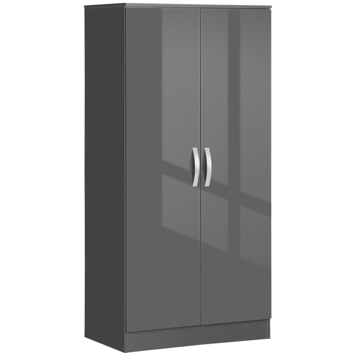 High Gloss Grey Wardrobe with Hanging Rod and Shelf - 2-Door Clothes Organizer with Anti-Tip Safety - Ideal Bedroom Storage Solution