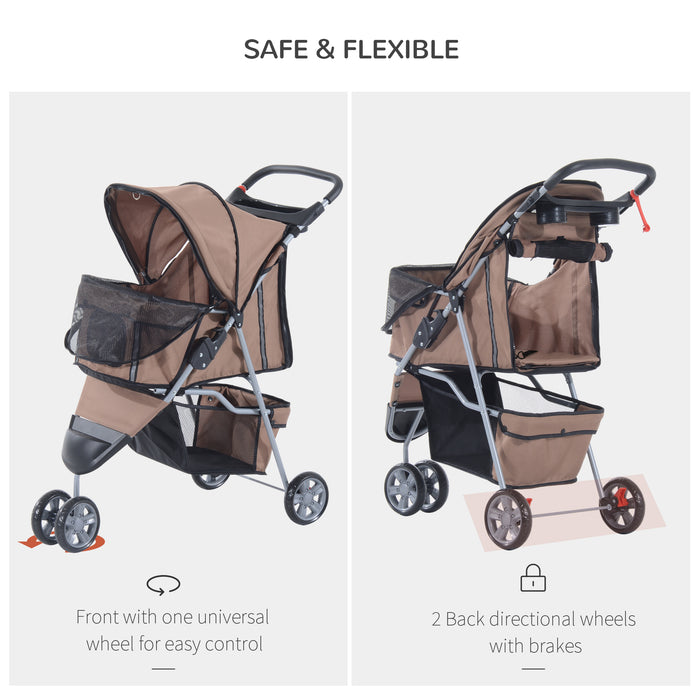 Pet Travel Stroller with Three Wheels - Convenient Dog Pushchair in Coffee Color - Ideal for Pet Transportation and Comfort on the Go