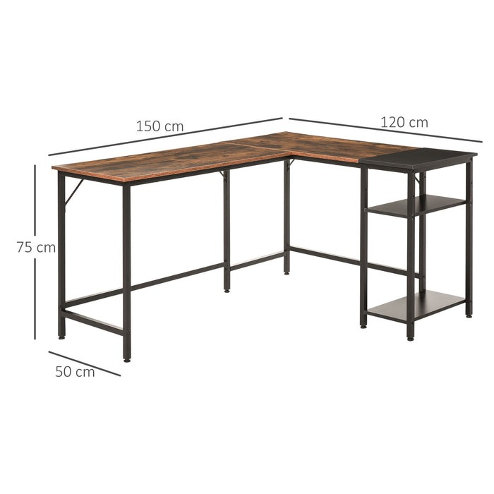 L-Shaped Industrial Computer Desk - Space-Efficient Corner Writing Desk with Adjustable Storage Shelf - Ideal for Home Office and Workstation in Rustic Brown