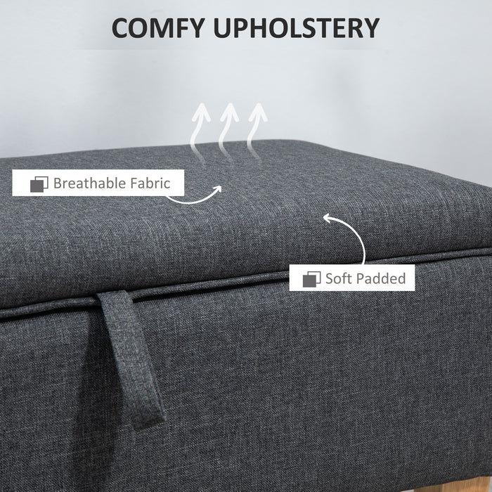 Linen Upholstered Ottoman Bench - Padded Footstool with Durable Rubberwood Legs, Dark Grey - Versatile Bedroom or Entryway Seating Solution