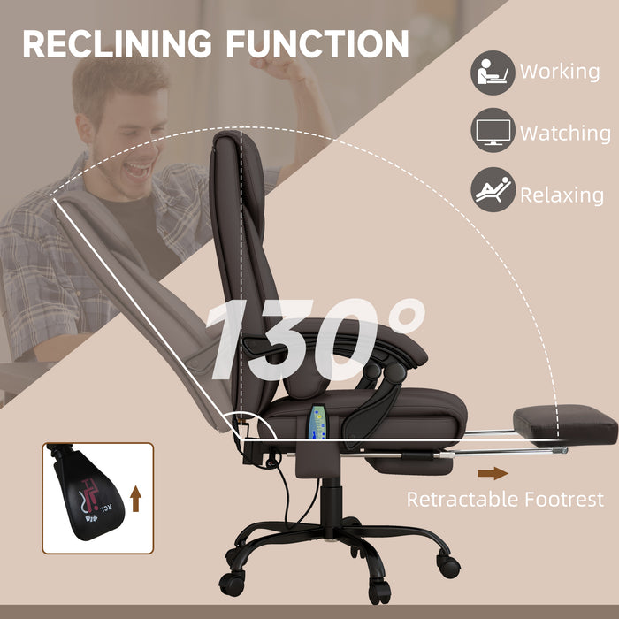 Ergonomic PU Leather Reclining Office Chair with Massage Function - 6-Point Massage, Swivel Wheels, Integrated Footrest, Remote Control - Ideal for Stress Relief and Office Comfort, Brown