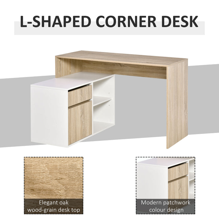 L-Shaped Corner Computer Desk - Oak and White Study Table with Storage Shelf and Drawer - Ideal for Home Office Workstations