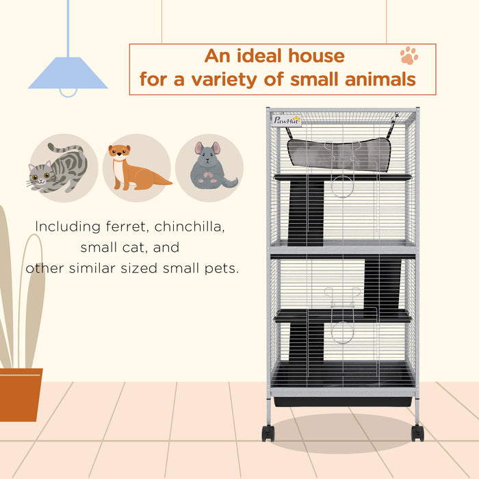 Pet Play House Cage for Small Animals - Wheeled Design with Multiple Platforms, Light Grey - Ideal for Active Pets Needing Space & Mobility