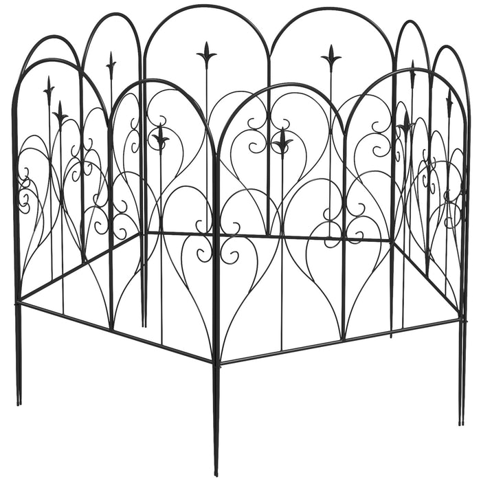 Decorative Metal Picket Fence Panels - Set of 5 with Heart-Shaped Scrollwork Design, Black Finish - Enhances Garden Aesthetics & Boundary Marking