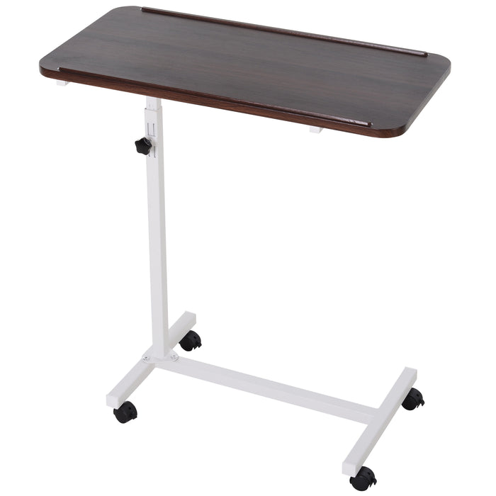 Adjustable Height Overbed and Chair Table - Mobile Laptop Desk with Lockable Wheels and Wooden Top, Brown - Ideal for Couch Computing & Bedside Convenience