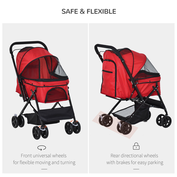 Foldable Pet Jogger Stroller - Reversible Handle, EVA Wheel Brakes, Adjustable Canopy with Safety Leash and Basket - Ideal for Dog Travel and Outdoor Activities