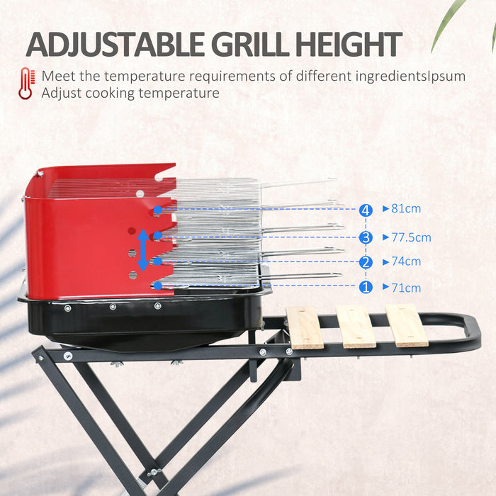 Foldable Charcoal BBQ Grill with Windshield - Portable Garden Barbecue Trolley with Wheels & Side Trays - Ideal for Outdoor Cooking, Red/Black Design