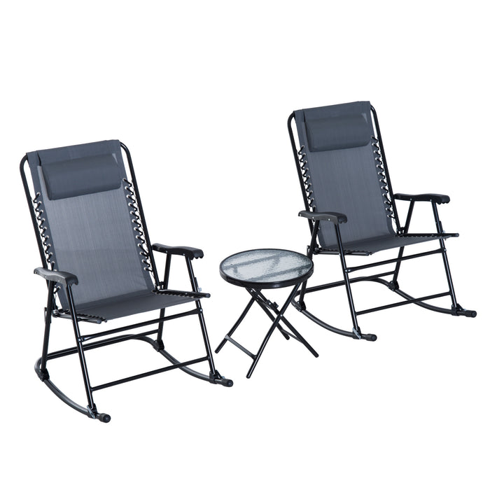 Outdoor Rocking Bistro Set - 3-Piece Patio Ensemble with 2 Folding Chairs & Tempered Glass Table - Ideal for Garden and Deck Relaxation in Grey