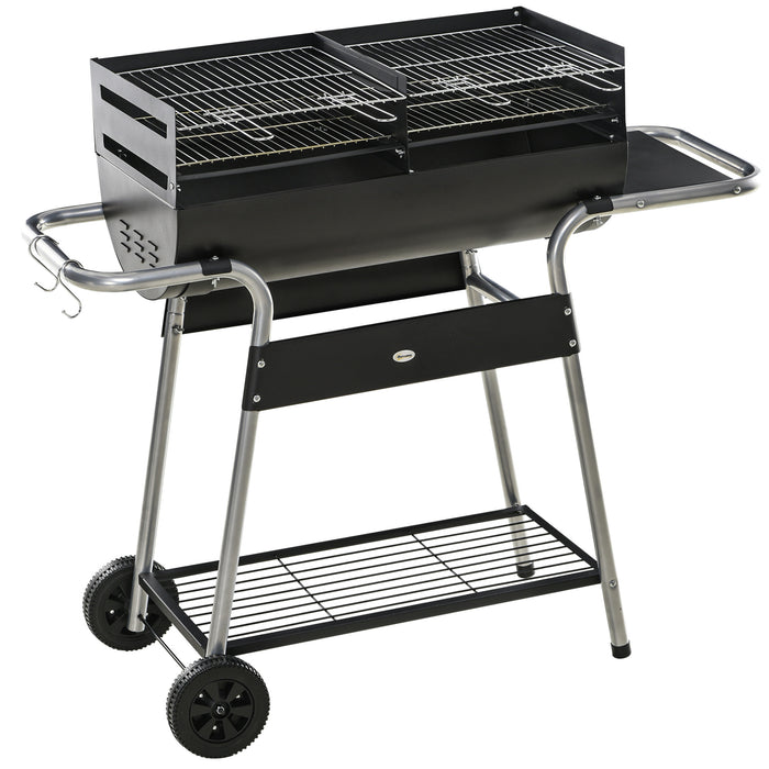 Charcoal BBQ Trolley with Double Grill and Height Adjustment - Outdoor Cooking Station with Side Table and Storage Shelf - Portable Garden Grill for Backyard Barbecues and Gatherings