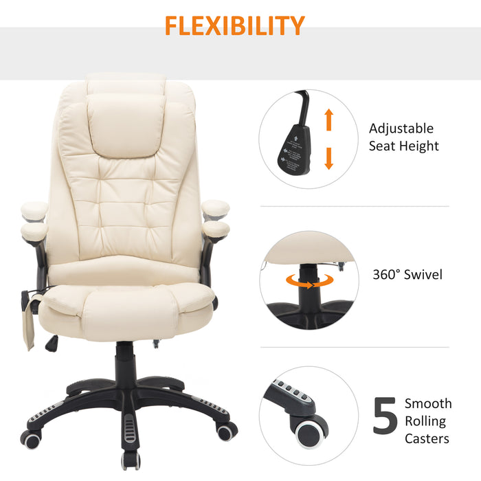 Executive Office Chair with Heat & Massage Feature - High Back PU Leather, Tilt & Reclining Functionality, Beige - Ideal for Stress Relief & Comfort in the Workplace