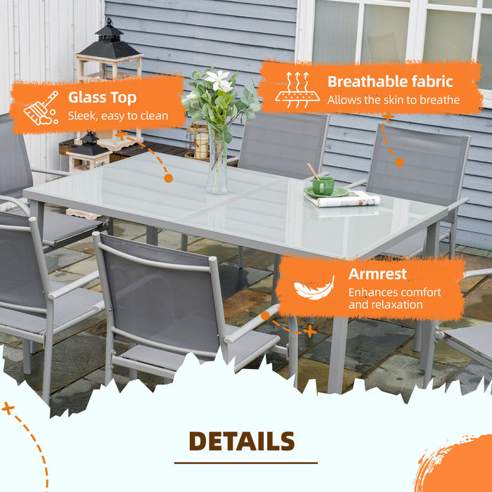 7 Piece Garden Dining Set - Steel-Framed Table with Tempered Glass & 6 Grey Mesh Stackable Chairs - Perfect for Patio & Outdoor Entertaining