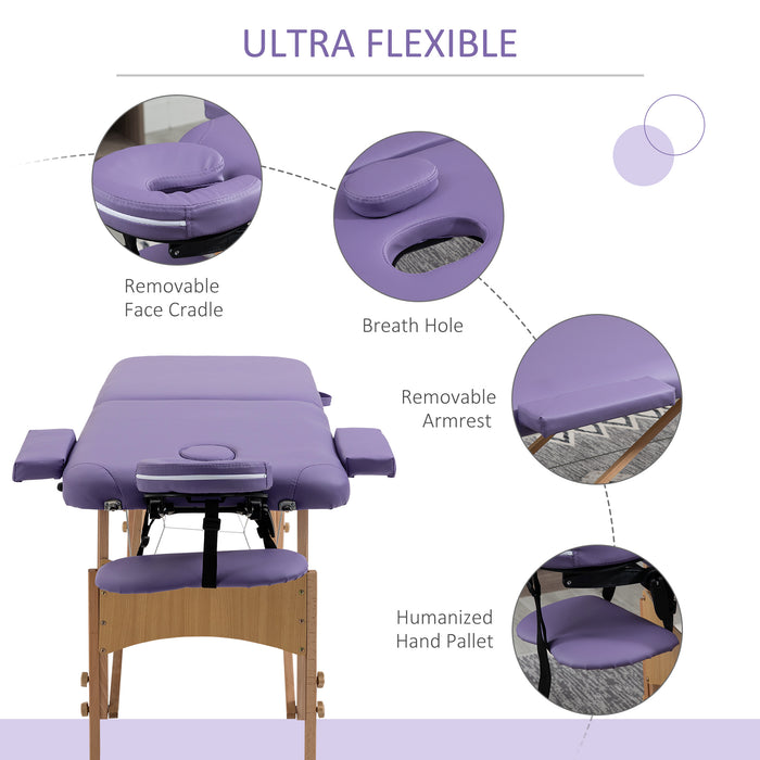 Portable 2-Section Massage Table - Lightweight Folding Therapy and Beauty Bed in Purple - Ideal for Spa, Therapists, and Home Use