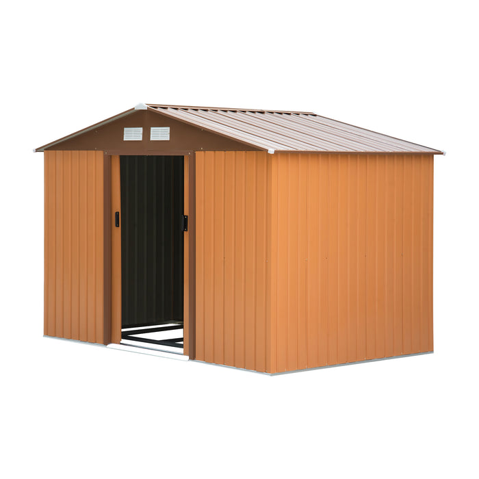 Outdoor Metal Garden Shed 9x6 FT - Yellow Storage Unit with Foundation, Ventilation & Double Doors - Ideal for Tools and Equipment Secure Storage