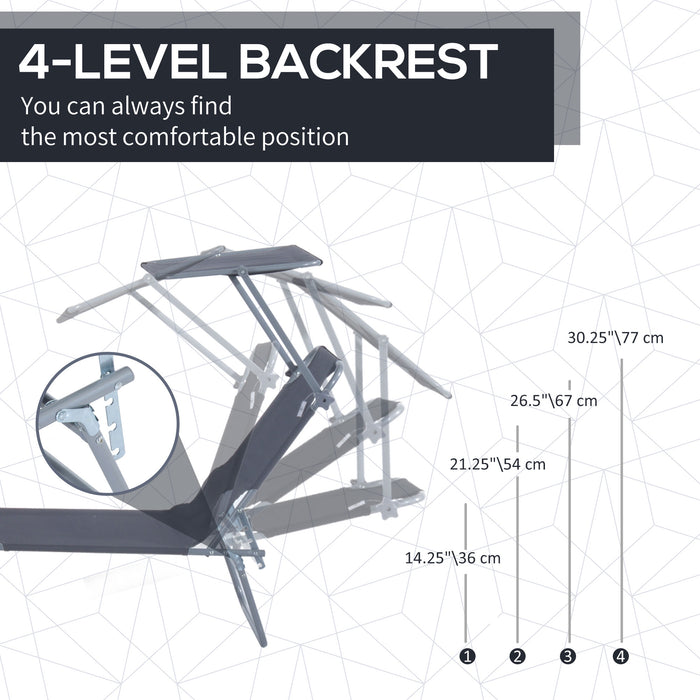 Folding Sun Lounger with Shade Awning - Adjustable Reclining Chair for Beach and Garden - Grey Outdoor Patio Recliner for Sunbathing and Relaxation