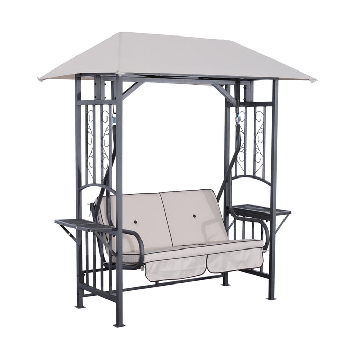 Outdoor Garden Canopy Swing Chair - 2-Seater Porch Loveseat with Cushioned Seat and Side Drink Panel - Ideal for Patio Relaxation and Entertaining Guests