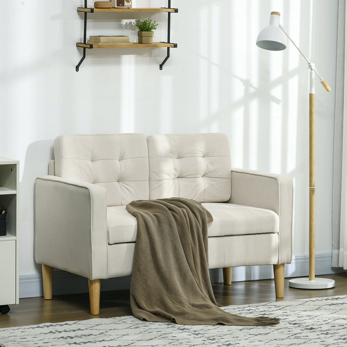 Compact Modern Loveseat - 2-Seater Tufted Cotton Sofa with Hidden Storage, 117cm, Cream White with Wood Legs - Ideal for Small Spaces and Cozy Corners