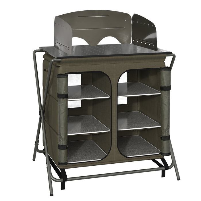 Foldable Camping Kitchen Cupboard - Outdoor Storage Unit with Windshield & 6 Shelves - Ideal for BBQs, Picnics, and Backyard Gatherings with Portable Carry Bag