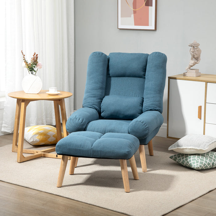 Adjustable Blue Linen Recliner with Ottoman - 3-Position, Cushioned Lounger and Footstool Combo - Comfortable Reading and Relaxation Chair for Living Room