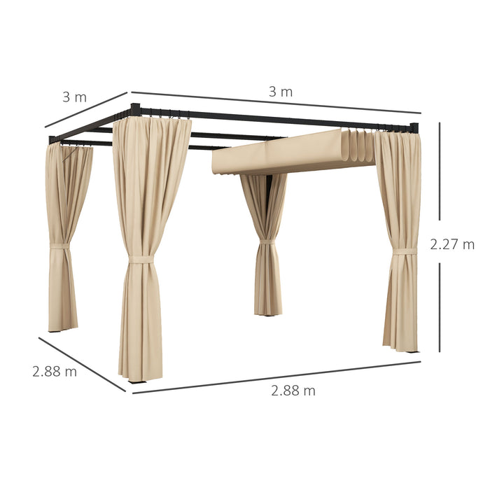 Retractable Pergola 3x3(m) with Curtains - Outdoor Garden Gazebo Shelter for Patio and Deck - Ideal for Grill Areas and Entertaining Guests, Beige