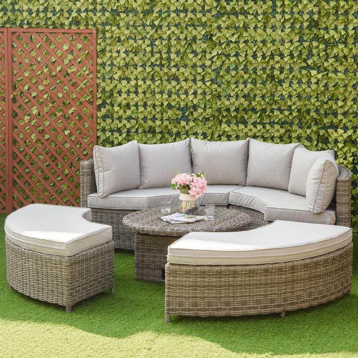 Outdoor Rattan Daybed and Lounge Set - 6-Seater PE Rattan Furniture with Liftable Coffee Table, Olefin Cushions - Ideal for Patio Socializing and Relaxation