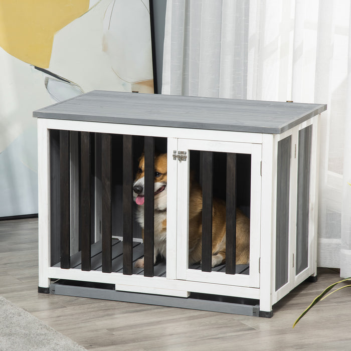 Foldable Wooden Dog Crate by EcoFur - Medium & Small Pet Kennel Cage with End Table Design & Removable Tray - Multi-Functional Grey Home Pet Solution for Dog Owners