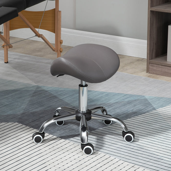 Hydraulic Saddle Stool - 360° Rotatable, Height Adjustable, Faux Leather Spa and Salon Chair with Rolling Base, Grey - Ideal for Cosmetologists, Massage Therapists, and Beauty Professionals