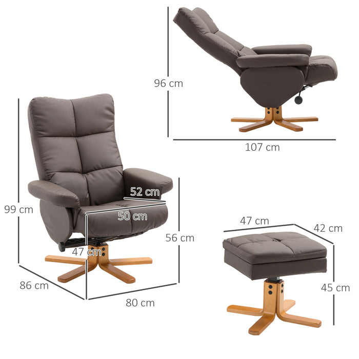 Luxury Faux Leather Recliner Chair with Swivel & Wooden Base - Brown Lounge Chair with Footstool and Storage - Perfect for Relaxing in the Living Room