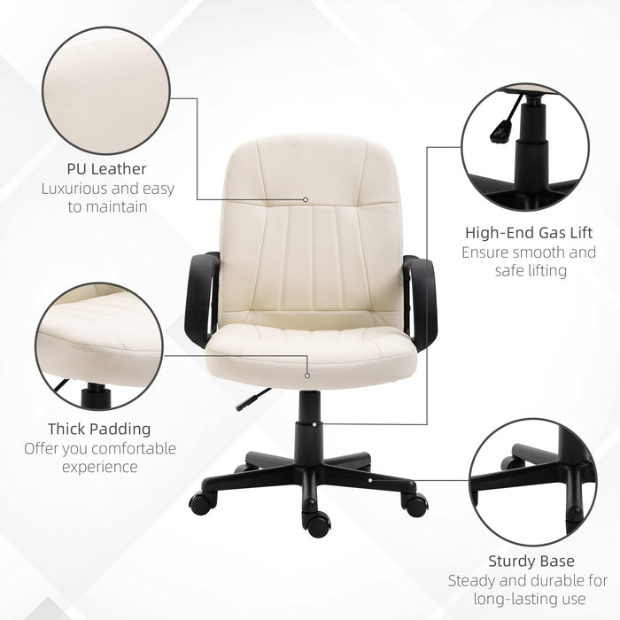 Swivel Mid-Back Executive Chair in Cream PU Leather - Comfortable Desk Chair with Arms and Wheels for Home Office - Ideal for Adults Seeking Style and Mobility