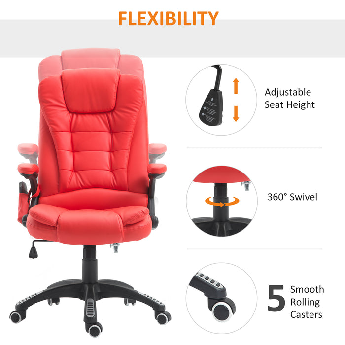 Ergonomic PU Leather High-Back Chair - Massage & Heat Features with Tilt/Reclining Support in Red - Comfort for Long Working Hours