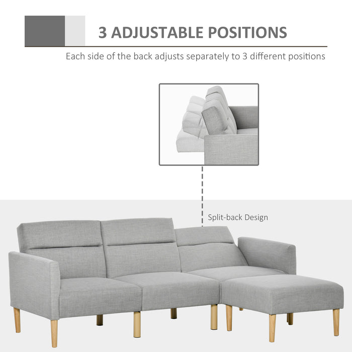 Linen Fabric L-Shaped Sofa Bed Set with Rubber Wood Legs - Corner Couch with Extra Footstool, Light Grey - Ideal for Comfort and Space-Saving Living Room Furniture