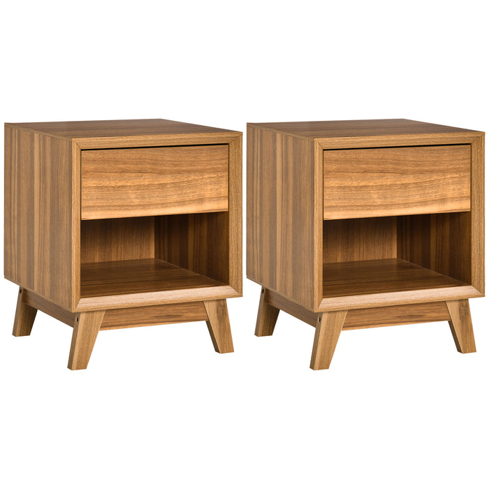 Walnut Brown Nightstand Set of 2 - Modern Bedside Table with Drawer and Shelf, Living Room End Table - Stylish Storage Solution for Bedroom and Lounge Spaces