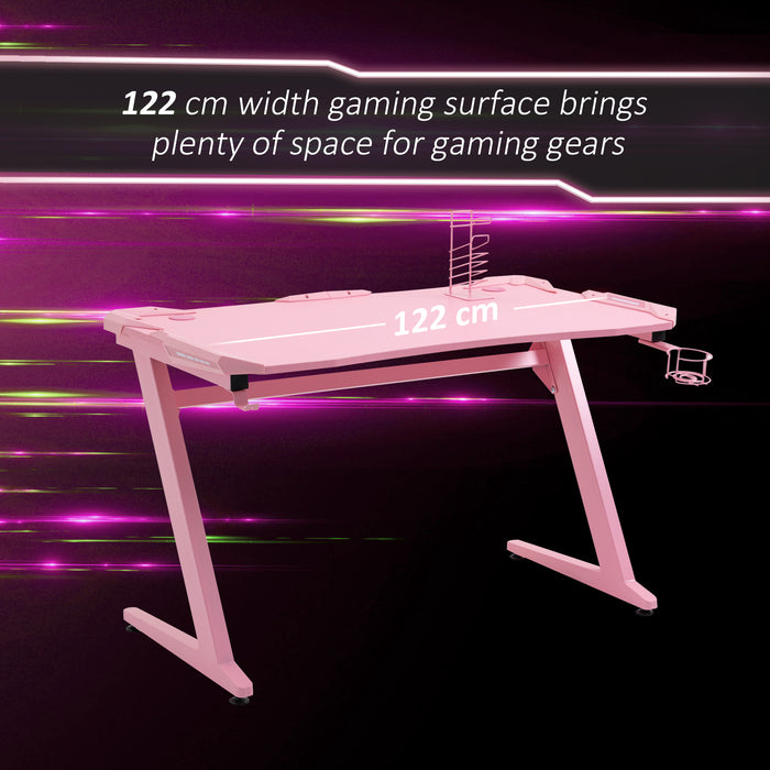 Ergonomic Gaming Desk with Headphone Hook and Cup Holder - Home Office Gamer Workstation Racing Table in Pink - Ideal for Comfort and Style in Gaming Setups (122 x 66 x 86cm)