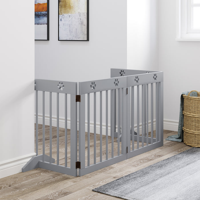 4 Panel Wooden Pet Gate - Freestanding Folding Dog Barrier & Safety Fence with Support Feet - Up to 204cm Wide, 61cm Tall in Light Grey for Home Security